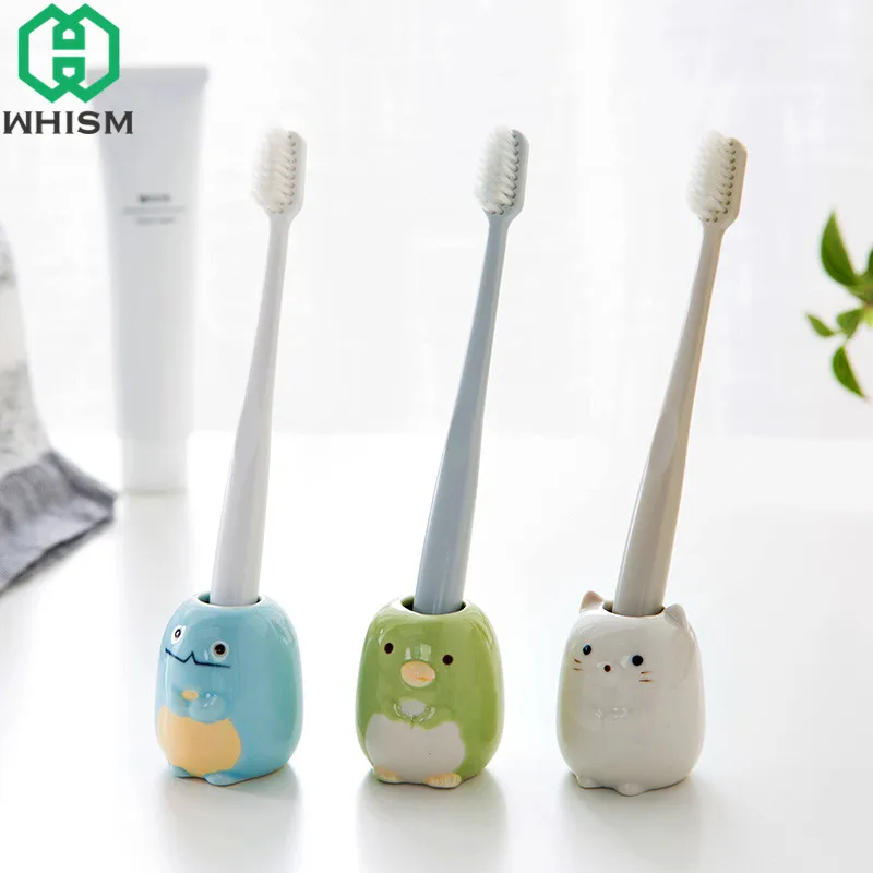 

WHISM Mini Ceramic Toothbrush Holder Cartoon Animal Tooth Brush Stand Kids Toothbrushes Storage Rack Bathroom Organizer Shelf