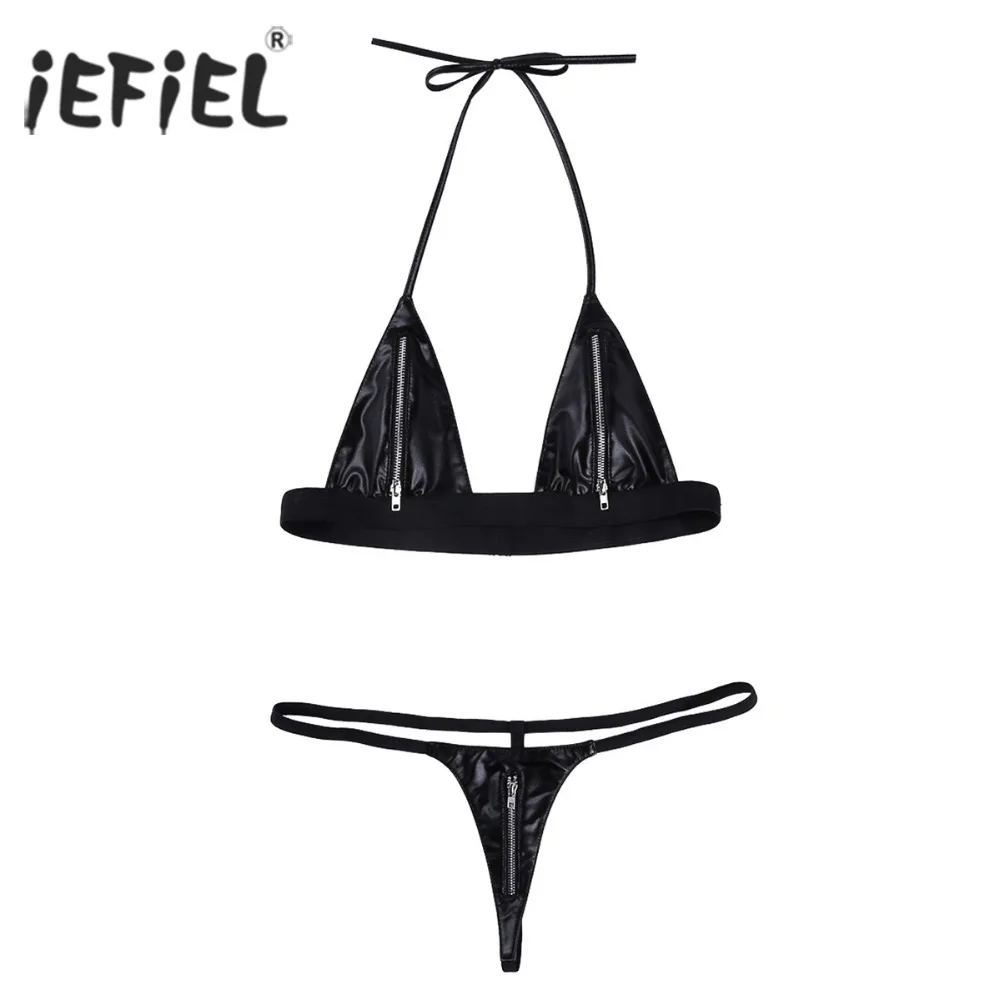Women Femme Faux Leather Zipper Closure Bikini Lingerie Set Halter Bra Top with Mini T-Back Thongs Underwear Sexy Clubwear
Women Femme Faux Leather Zipper Closure Bikini Lingerie Set Halter Bra Top with Mini T-Back Thongs Underwear Sexy Clubwear