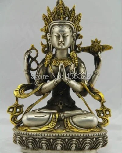

Tibet Tibetan Buddhism Silver Bodhisattva Four arm Kwan Yin Buddha Statue