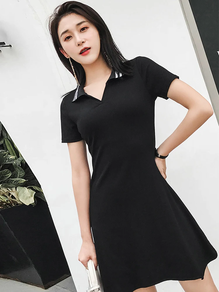 Элегантный дизайн женское платье Лето 2019 новый Polo Neck короткий рукав черный