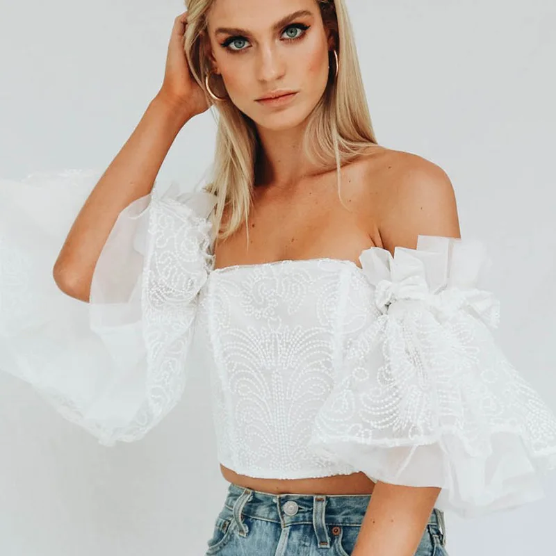 Sexy Off Shoulder Blouse Women Summer Womens Tops and Blouses Flare Sleeve Patchwork Chemisier Femme mHollow Out Tank Tos 2019
Sexy Off Shoulder Blouse Women Summer Womens Tops and Blouses Flare Sleeve Patchwork Chemisier Femme mHollow Out Tank Tos 2019