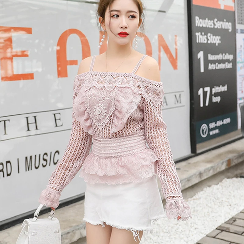 SHTONGHUA 2019 Summer Fashion Pink Lace Blouse Sexy Women Spaghetti Strap Ruffles Beading Shirt Hollow Out Off Shoulder Blusas
SHTONGHUA 2019 Summer Fashion Pink Lace Blouse Sexy Women Spaghetti Strap Ruffles Beading Shirt Hollow Out Off Shoulder Blusas
