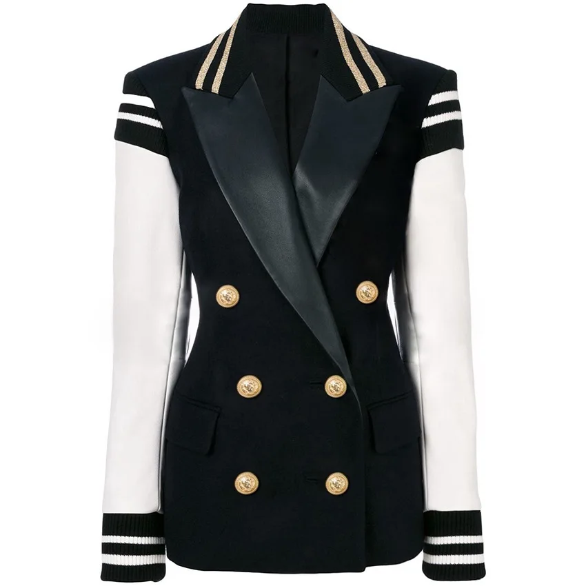 2019 Fashion Blazer Jacket Pockets Women's Double Breasted Blazer Leather Sleeve Lion Buttons Patchwork Blazer Female
2019 Fashion Blazer Jacket Pockets Women's Double Breasted Blazer Leather Sleeve Lion Buttons Patchwork Blazer Female