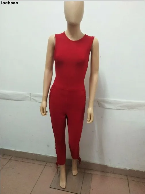 

New sale red women bodycon bandage jumpsuits rayon knitted bodysuit casual evening club party bandage playsuit pencil pants