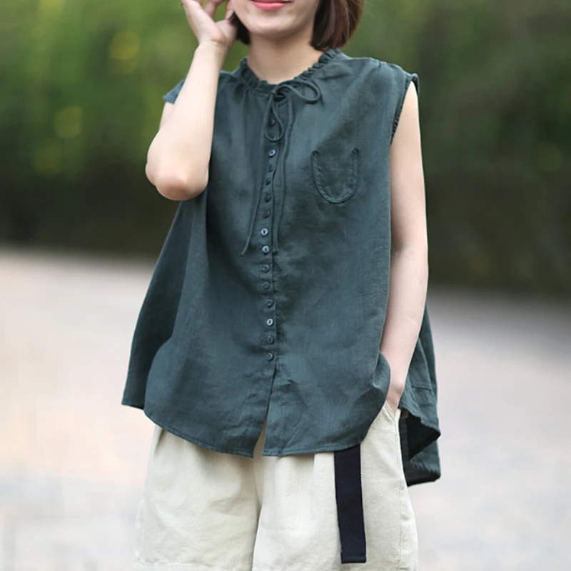 Casual Style Shirts Art ear-collar Solid Linen Sleeveless Female Blouse 2019 Summer Fashion Button Loose Women Blouse
Casual Style Shirts Art ear-collar Solid Linen Sleeveless Female Blouse 2019 Summer Fashion Button Loose Women Blouse