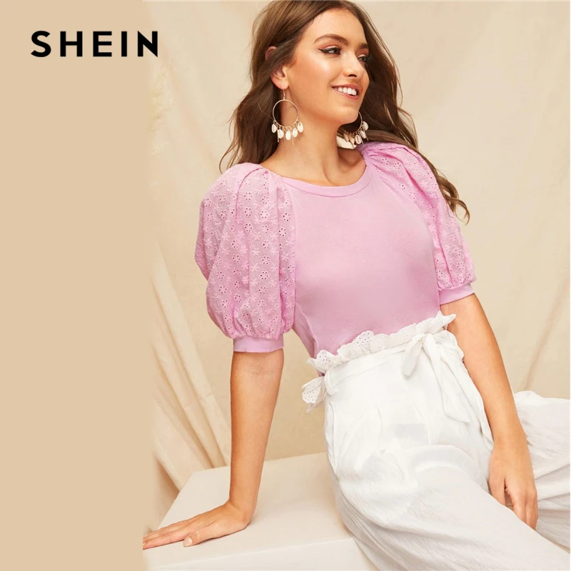SHEIN Boho Pink Schiffy Puff Raglan Sleeve Top Round Neck Lace Blouse Women Summer Elegant Office Lady Workwear Solid Blouses
SHEIN Boho Pink Schiffy Puff Raglan Sleeve Top Round Neck Lace Blouse Women Summer Elegant Office Lady Workwear Solid Blouses
