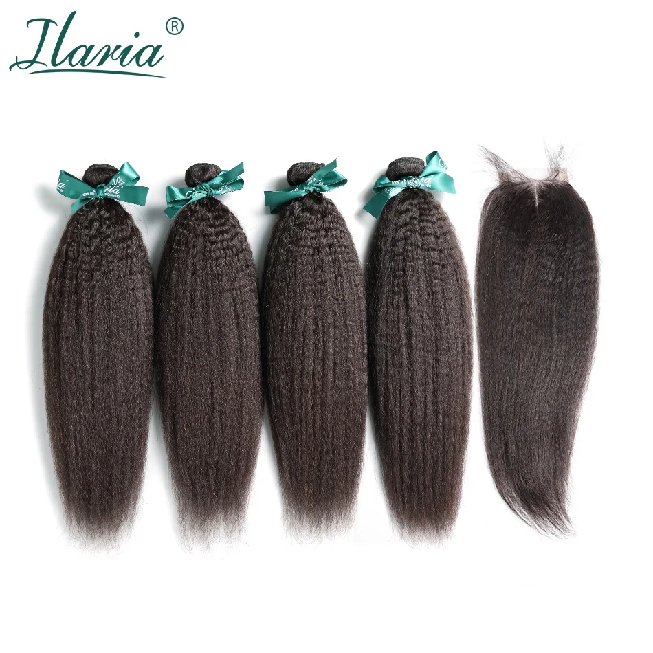 

ILARIA HAIR Brazilian Coarse Yaki Hair 4 Bundles With Closure 100% Human Hair Weave Bundles With Lace Closure Kinky Straight
