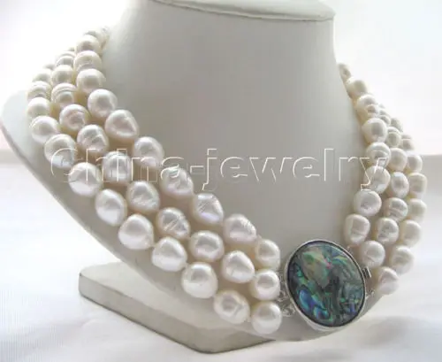 

FREE SHIPPING>@@> 17-19" 3row 14mm white baroque rice freshwater pearl necklace - abalone shell^^^@^Noble style Natural Fine jew