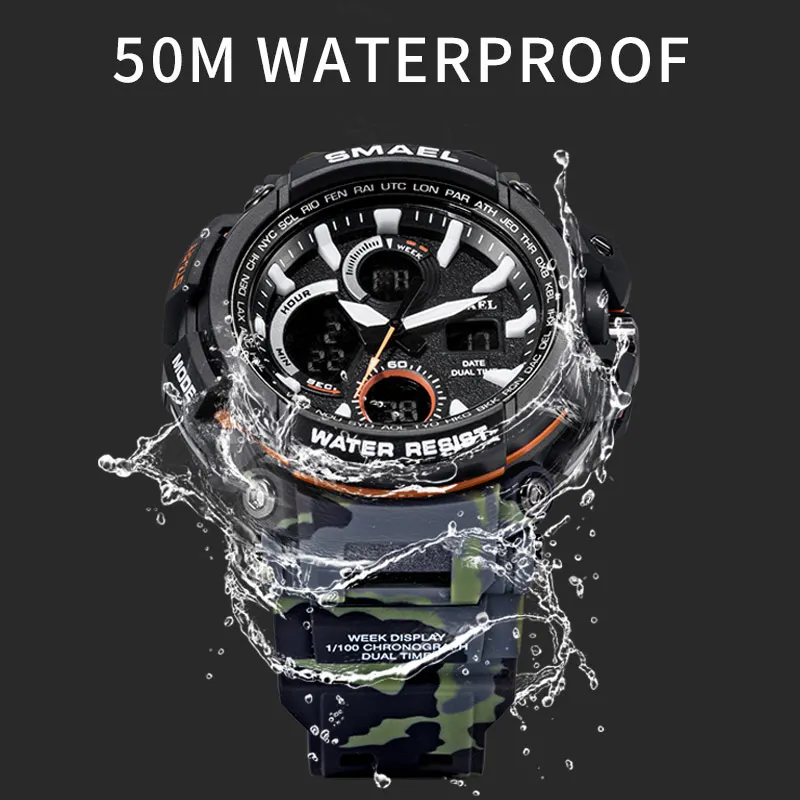 Мужские камуфляжные военные часы SMAEL водонепроницаемые спортивные наручные с