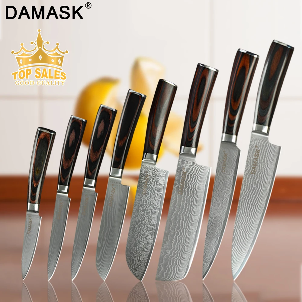 Damask Japanese VG10 Damascus Steel Chef Kitchen Knife Set Paring Utility Chopping Santoku Slicing Chef Knives Sets G10 Handle
Damask Japanese VG10 Damascus Steel Chef Kitchen Knife Set Paring Utility Chopping Santoku Slicing Chef Knives Sets G10 Handle