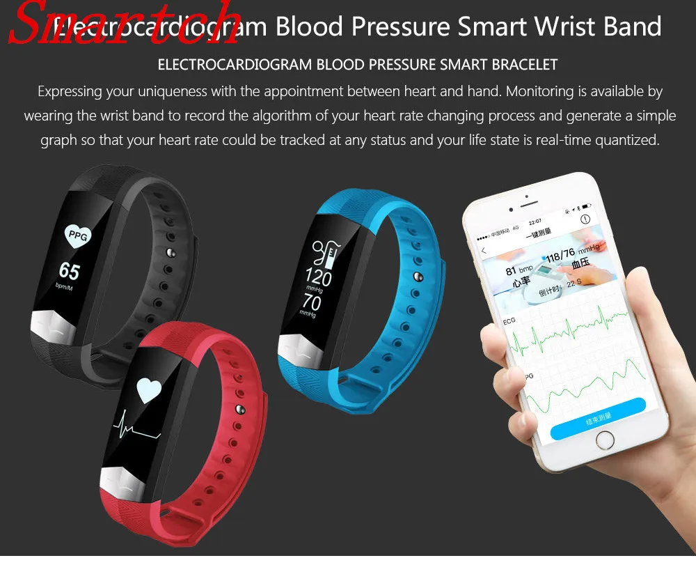 

Smartch CD01 ECG Blood pressure HR Smart Band Bluetooth Sport Smart wristband Fitness tracker Smart Bracelet For IOS Android