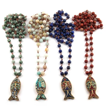 Fashion Bohemian Tribal Jewelry 6mm Semi Precious Stones Rosary Chain Fish Pendant Necklace Women Ethnic Necklace
Fashion Bohemian Tribal Jewelry 6mm Semi Precious Stones Rosary Chain Fish Pendant Necklace Women Ethnic Necklace