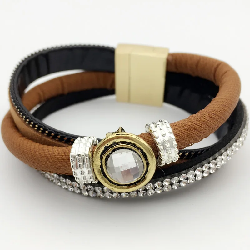 Фото LEMOER Brand 3 Layer Slake Leather Bracelet with Gem Crystal Magnetic Wristband Jewelry for women men Party Pulseras Mujer | Украшения и