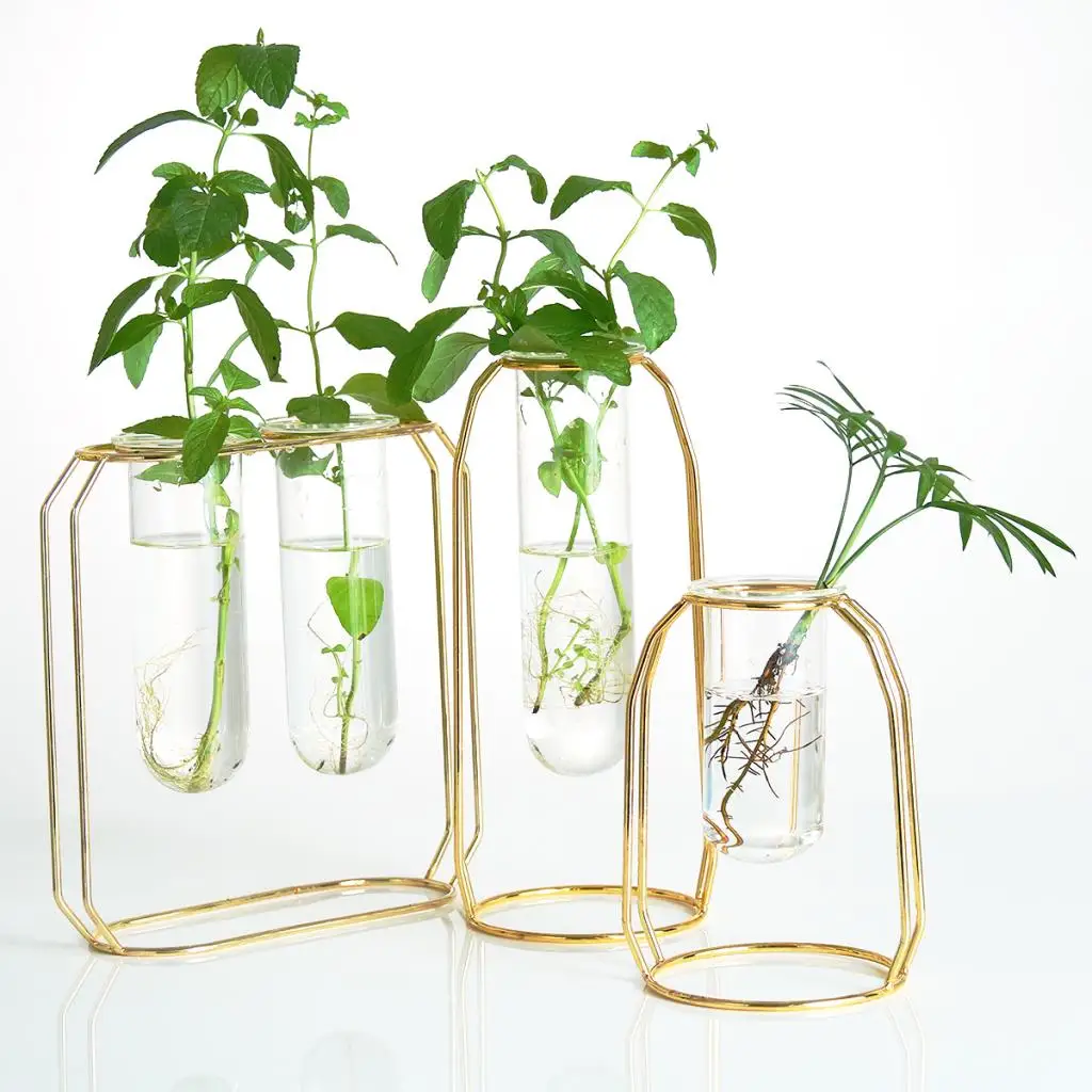 Glass Hydroponic Plant Water Flower Vase with Iron Stand for DIY Art Decoration Creative Gifts