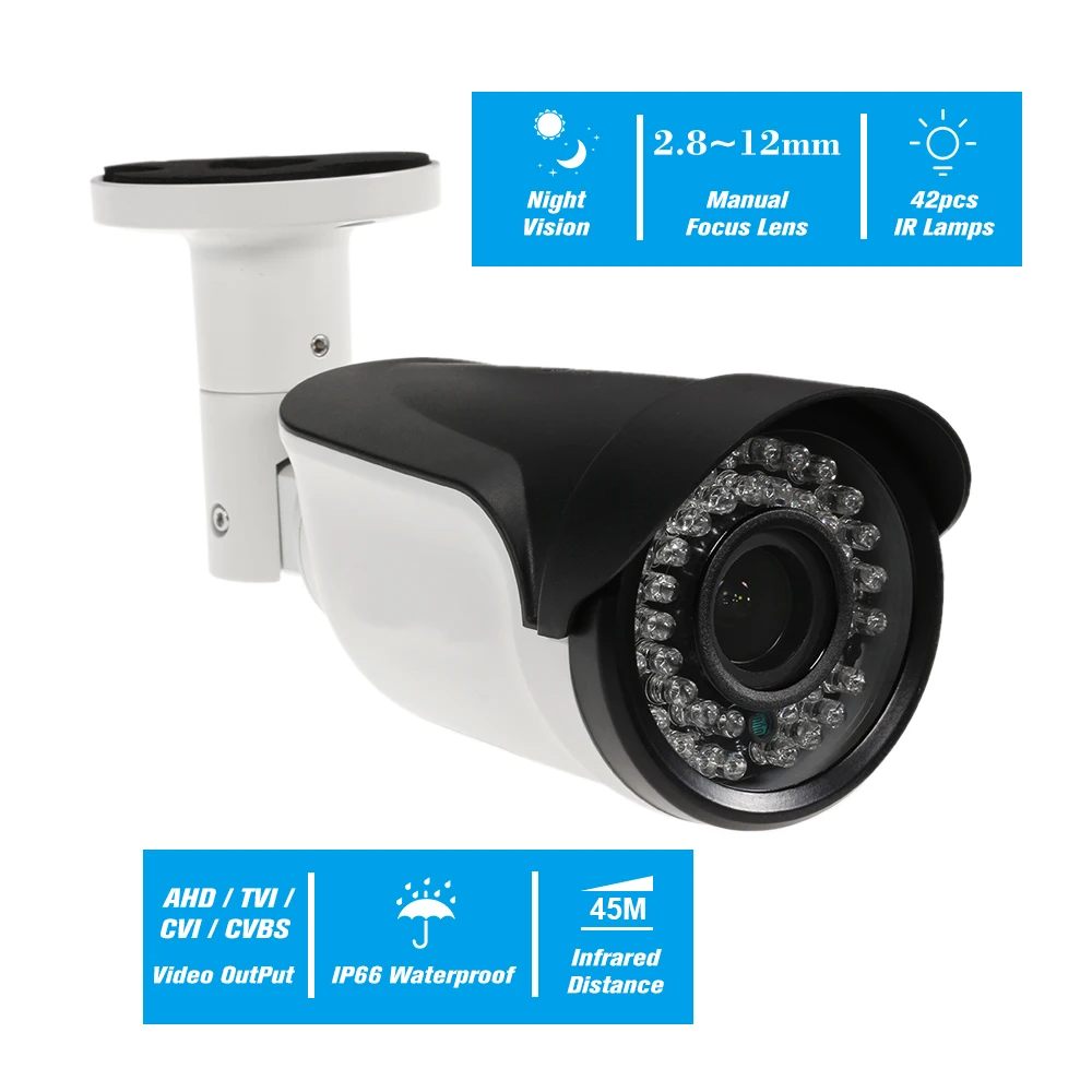 5MP AHD Manual Zoom Varifocal Lens IR Bullet CCTV Analog Camera IR-CUT Night Vision Infrared Lamps Weatherproof Indoor Outdoor
5MP AHD Manual Zoom Varifocal Lens IR Bullet CCTV Analog Camera IR-CUT Night Vision Infrared Lamps Weatherproof Indoor Outdoor