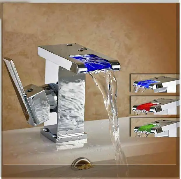 New Waterfall LED Basin Faucet Square Shape Sink Mixer Tap Single Handle Chrome emergi | Канцтовары для офиса и дома