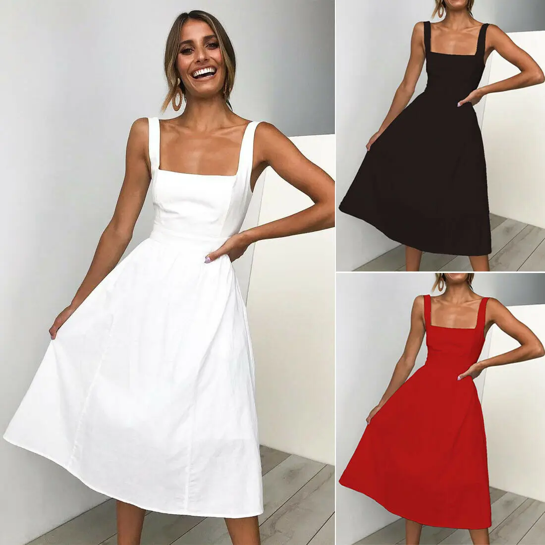 Hot Womens Summer Casual Sleeveless Solid Strappy High Waist Square Neck Long Evening Party Beach Dresses Draped A-Line Sundress
Hot Womens Summer Casual Sleeveless Solid Strappy High Waist Square Neck Long Evening Party Beach Dresses Draped A-Line Sundress