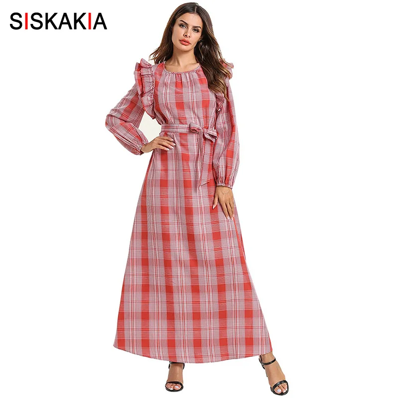 Siskakia Brief Elegant Plaid Long Dress Women O-Neck Long Sleeve Ruffle Stitching Sashes Leisure Maxi Dresses Pink Red 2019 New
Siskakia Brief Elegant Plaid Long Dress Women O-Neck Long Sleeve Ruffle Stitching Sashes Leisure Maxi Dresses Pink Red 2019 New