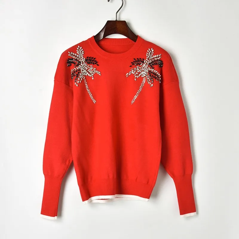 

Womens Sweaters 2018 Winter Long Sleeve O-neck Coconut Tree with Beading Knit Sweaters and Pullovers Red Black with White Hem