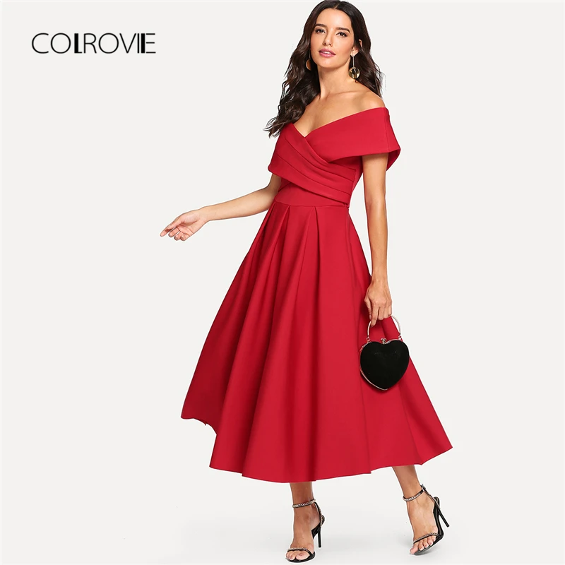 

COLROVIE Red Elegant V Neck Box Pleated Cross Wrap Bardot Party Dress 2018 Autumn Flounce Sleeve A Line Long Dress Women Dress