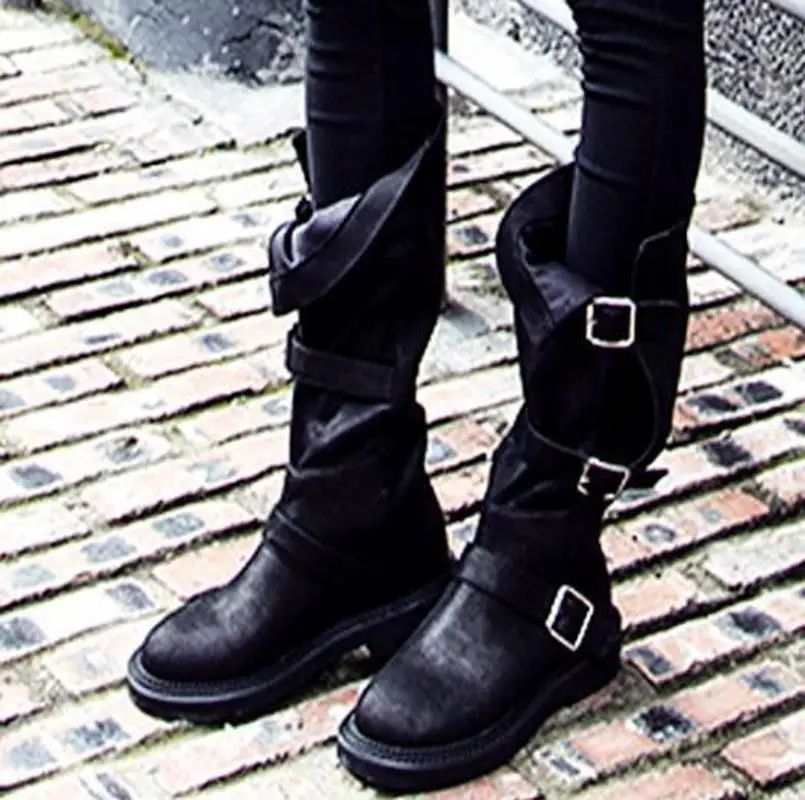 Womens Retro Genuine Leather Belt Buckle Strap Mid Calf Riding Boots Flats Punk Shoes Motorcycle Black Plus Size A1264
Womens Retro Genuine Leather Belt Buckle Strap Mid Calf Riding Boots Flats Punk Shoes Motorcycle Black Plus Size A1264