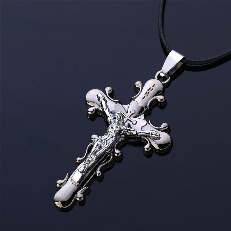 Image 2016 New Trendy Men Jewelry Gunblack Plated Initial Letters Carved Imitation Titanium Steel Gothic Jesus Cross Pendant Necklace