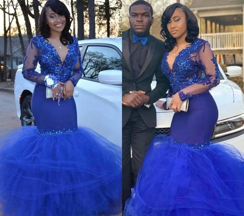 

Royal Blue V Neck Prom Dresses South African Black Girls Formal Pageant Holidays Wear Graduation Evening Party Gowns Custom Made