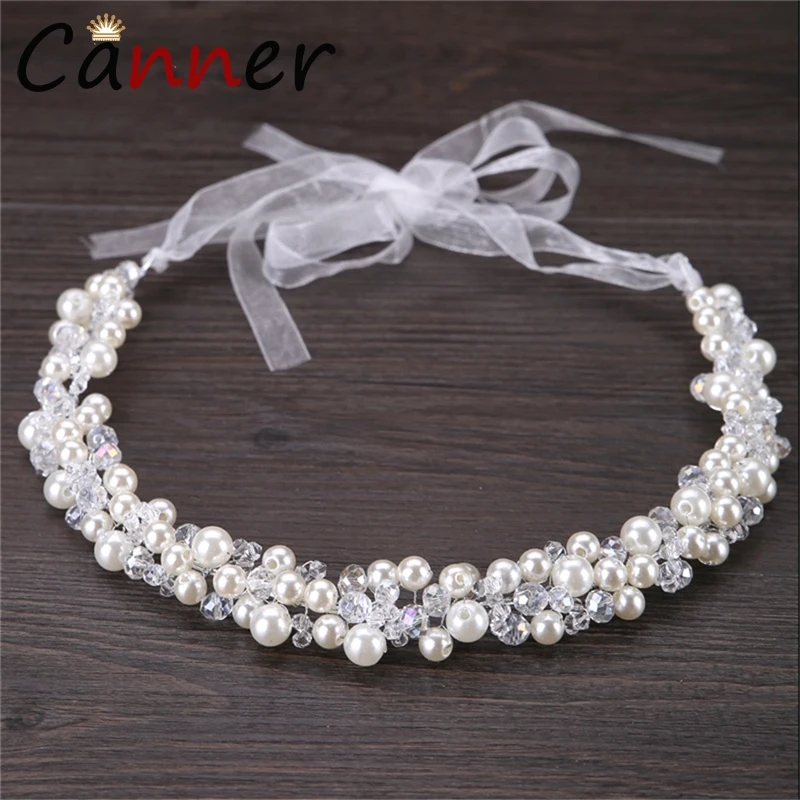 CANNER Pearl Headband with Ribbon Wedding Hair Accessories Crystal/Rhinestone Baroque diademas para el pelo mujer FI | Украшения и