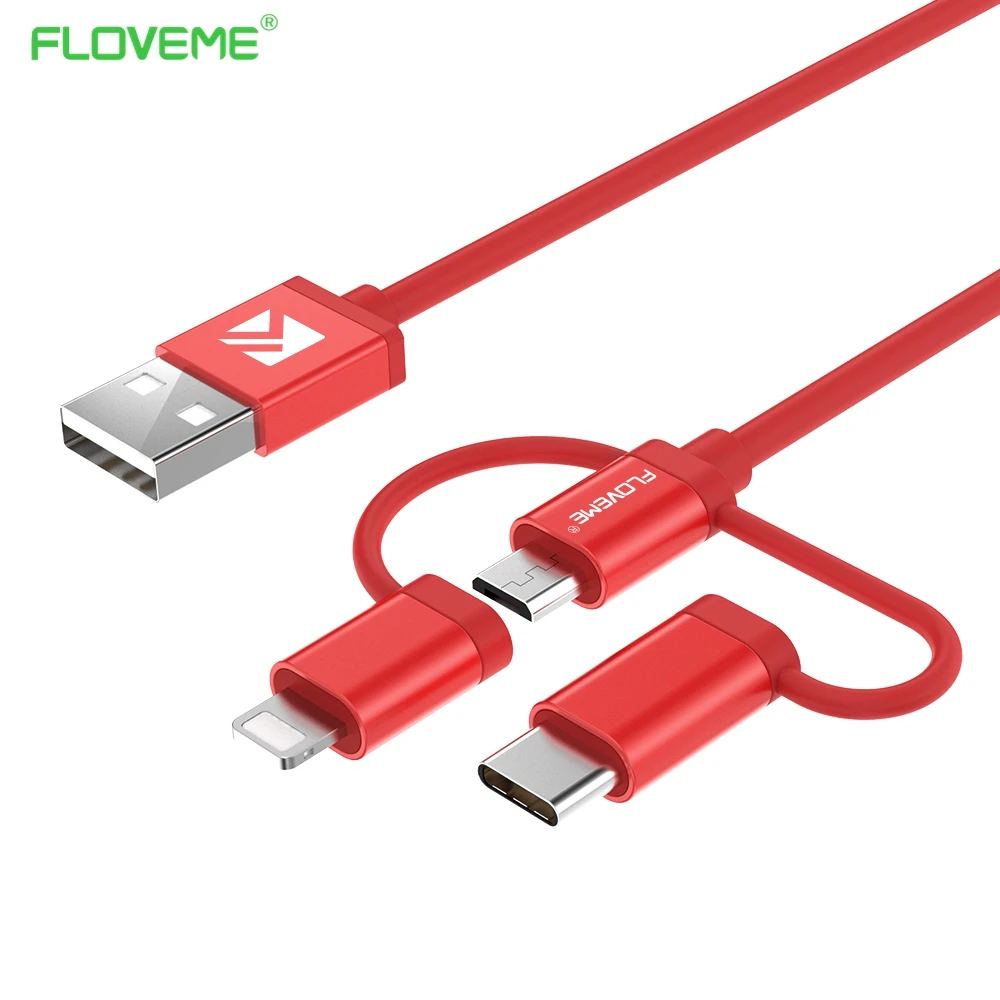 Image FLOVEME Original 1M Triple Type c Cables , Micro USB Cable Mobile Phone , Charger Cable for iPhone 5 5S 6 6S Plus 7 7 Plus iPad