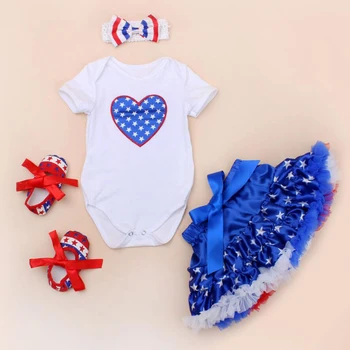 

4PCs per Set Baby Girls Love Pattern Romper Stars Printed Petti Tutu Skirt Bowtie Headband Shoes for 0-24months