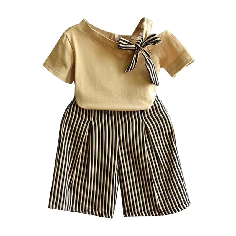 Girls Casual Camel Cut Sleeve Top With Striped Pants 2 ZM1178 (16)