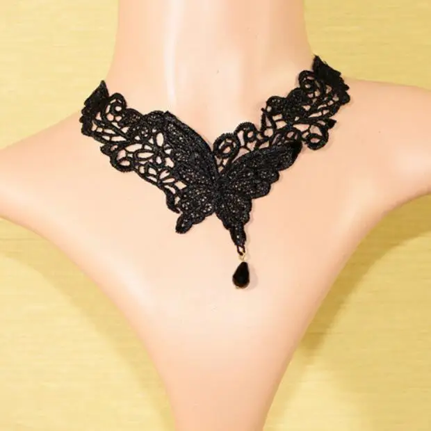 2016 Fashion Vintage Palace Gothic False Collar Black Beads Gem Butterfly Lace Necklace & Pendants Short Choker Necklaces Women |