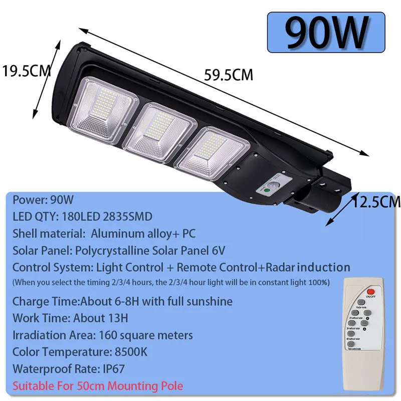 Super Bright 90W LED Solar Lamp Wall Street Light Radar Induction Timing Lamp+Remote Outdoor Waterproof Lamp for Garden Yard
Super Bright 90W LED Solar Lamp Wall Street Light Radar Induction Timing Lamp+Remote Outdoor Waterproof Lamp for Garden Yard