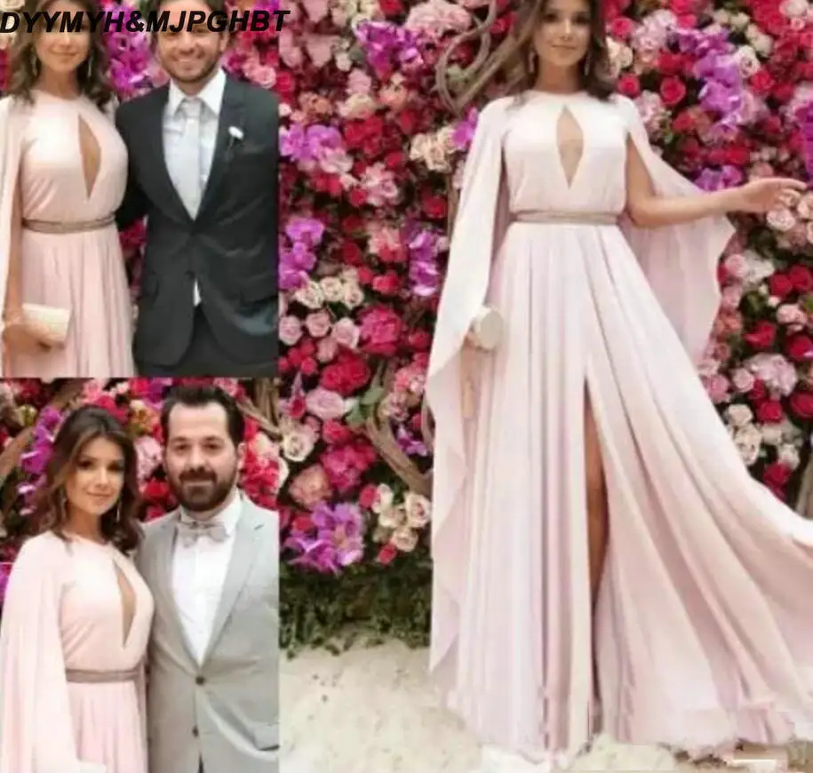 Modest Pink Chiffon Formal Evening Dresses Dubai Kaftan With Wrap Sexy Split Long Arabic Prom Dress Vestidos Festa Red carpet dresses_