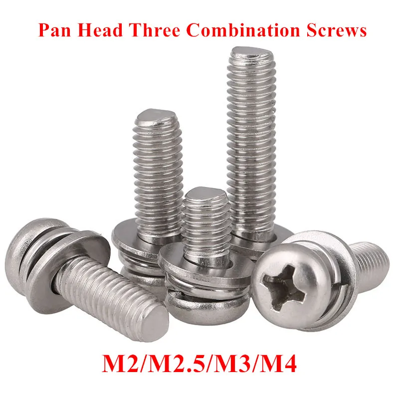 M2 M2.5 M3 M4 Phillips Pan Head Combination Screw Three Combined Bolt with Flat/ Spring Washer 304 Stainless Steel Bolts 
M2 M2.5 M3 M4 Phillips Pan Head Combination Screw Three Combined Bolt with Flat/ Spring Washer 304 Stainless Steel Bolts