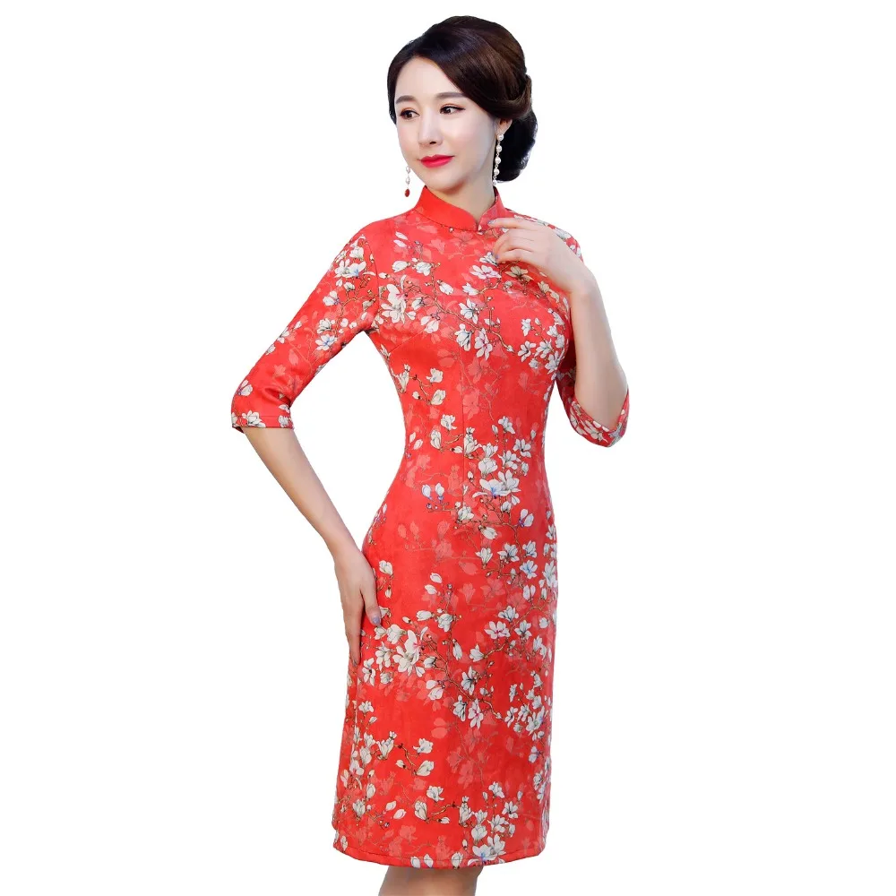 Shanghai Story 2018 Flower Print 3/4 Sleeve Qipao Suede Chinese Dress Traditional For Women Knee Length Cheongsam | Тематическая