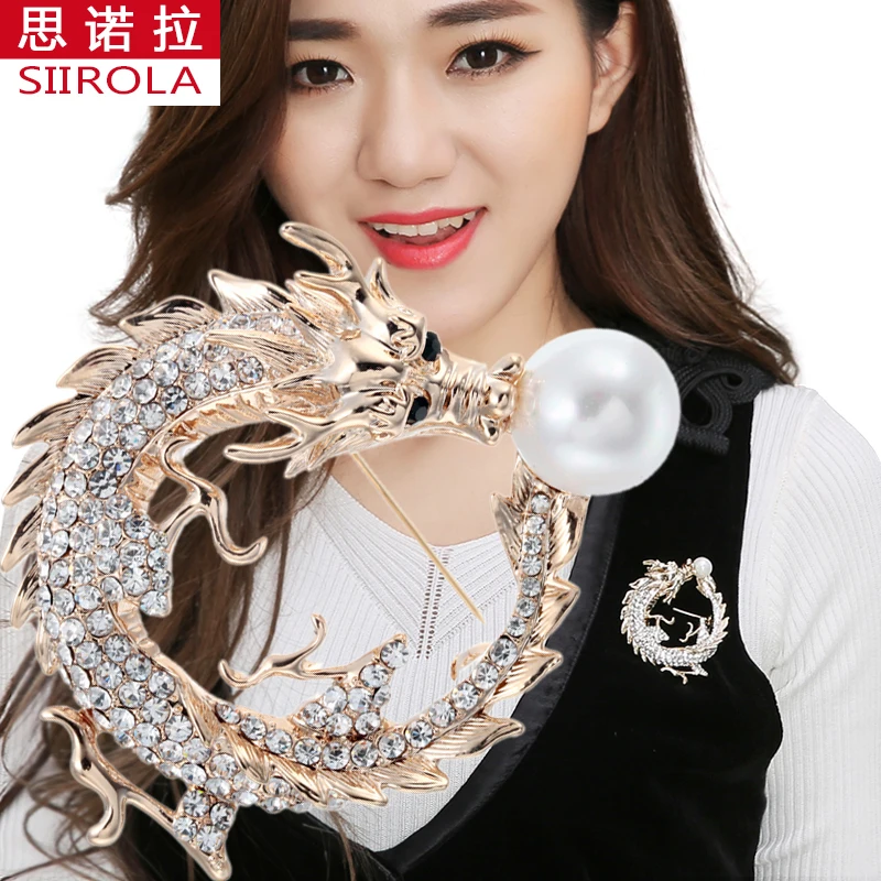 

Man Woman Exaggerated luxury 18K Gold plated Dragon shape pearl Crystal diamond Cape buckle/ Brooch pins jewelry/ Sweater needle