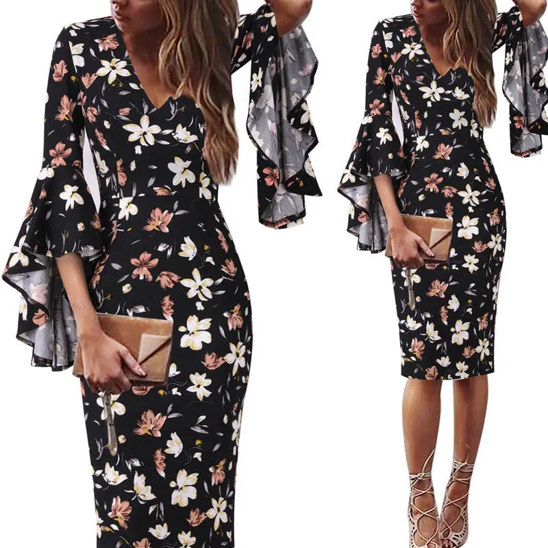 

HEE GRAND 2019 Work Business Dress Womens Sexy Deep V-neck Flare Bell Long Sleeves Casual Party Dress Office Lady WQL5741