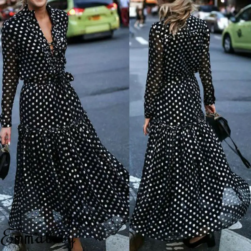 Bohemian Style Women Dress Sexy Vintage Maxi Polka Dot V-Neck Wrap Dress Elegant Women Dresses Evening Party High Waist Dresses
Bohemian Style Women Dress Sexy Vintage Maxi Polka Dot V-Neck Wrap Dress Elegant Women Dresses Evening Party High Waist Dresses