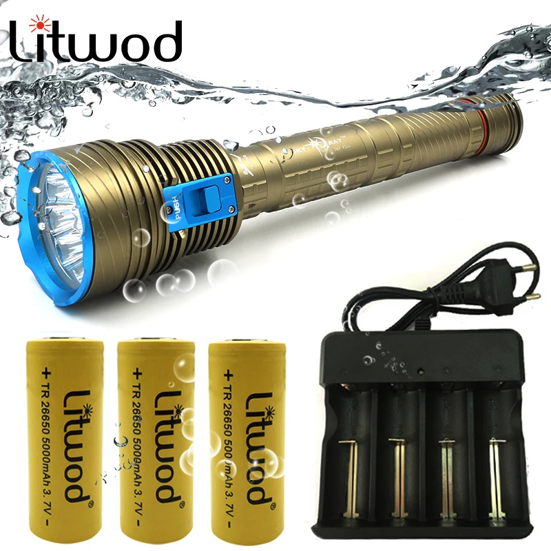 

Litwod Z20DX9 Original CREE XM-L T6 9 LED 10000 lumens Diving Flashlight torch Light Waterproof Underwater 100m by 26650 Battery