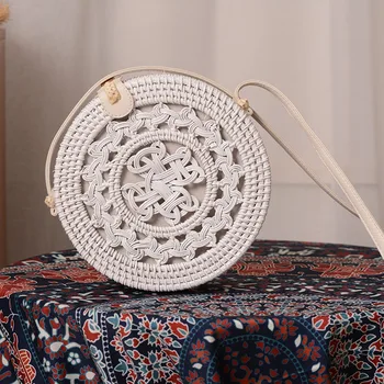 White rattan women's bag retro art hand-woven white hollow Chinese knot buckle round bag PU shoulder strap summer beach bag
White rattan women's bag retro art hand-woven white hollow Chinese knot buckle round bag PU shoulder strap summer beach bag