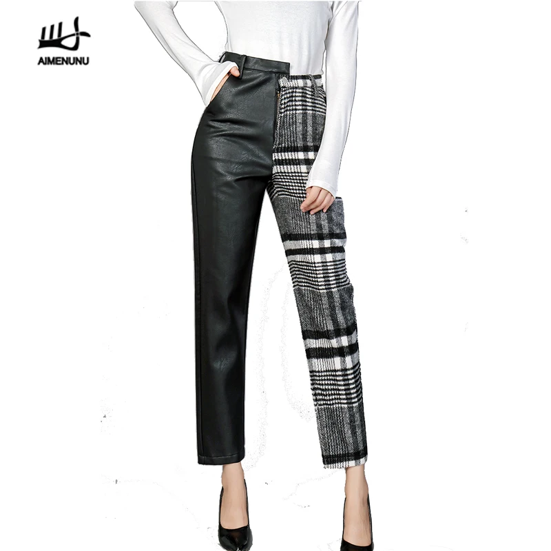 AIMENUNU PU Trousers For Women High Waist Hit Colors Asymmetrical Patchwork Ankle Length Wool Pants Female 2019 Autumn New 
AIMENUNU PU Trousers For Women High Waist Hit Colors Asymmetrical Patchwork Ankle Length Wool Pants Female 2019 Autumn New