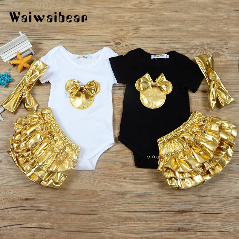 Baby Girls Clothes 3pcs Clothing Sets Black Cotton Rompers Golden Ruffle Bloomers+ Shorts Pants + Headband Newborn Clothes
Baby Girls Clothes 3pcs Clothing Sets Black Cotton Rompers Golden Ruffle Bloomers+ Shorts Pants + Headband Newborn Clothes