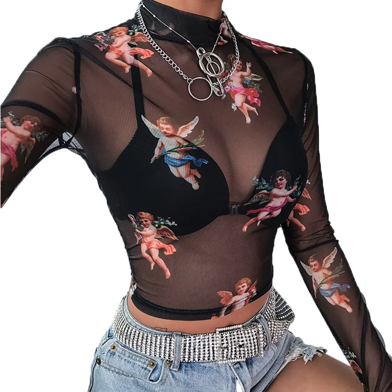 Autumn And Winter Sexy t shirt women Little angel print mesh T-shirt Long sleeve Sweatshirt camisetas verano mujer 2019 M61005
Autumn And Winter Sexy t shirt women Little angel print mesh T-shirt Long sleeve Sweatshirt camisetas verano mujer 2019 M61005