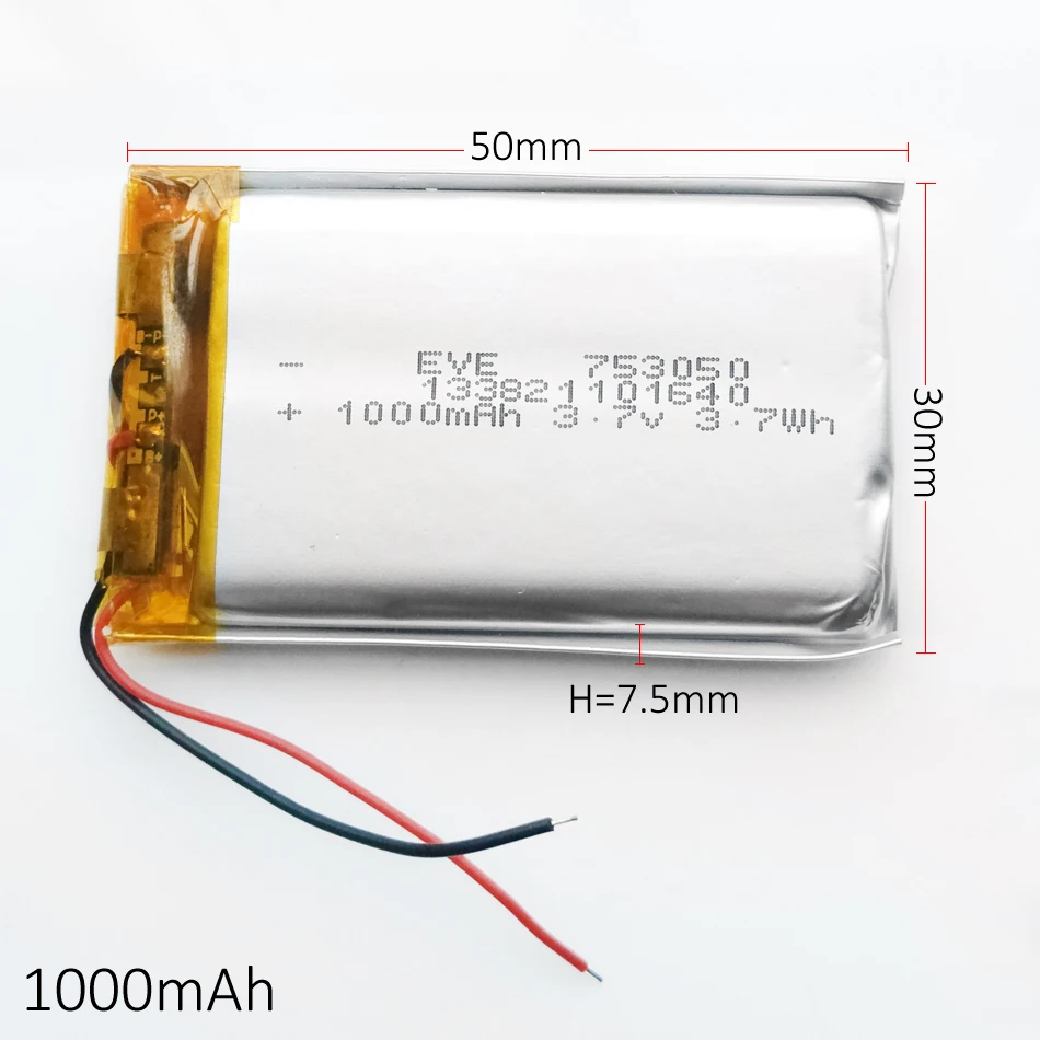 3.7V 1000mAh 753050 Lithium Polymer LiPo Rechargeable Battery For Mp3 MP4 MP5 DVD PAD mobile tablet pc power bank
3.7V 1000mAh 753050 Lithium Polymer LiPo Rechargeable Battery For Mp3 MP4 MP5 DVD PAD mobile tablet pc power bank