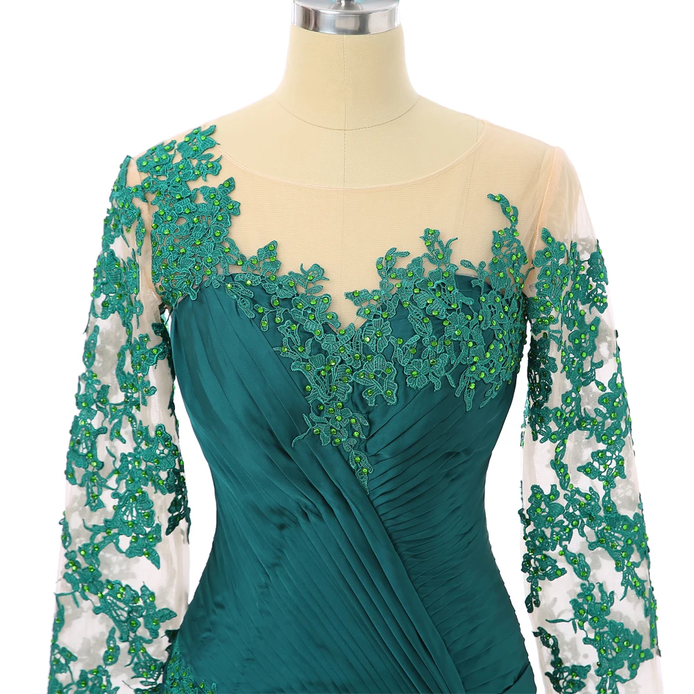 Зеленое платье с длинным рукавом для матери из шифона бисером и кружевом Длинные
