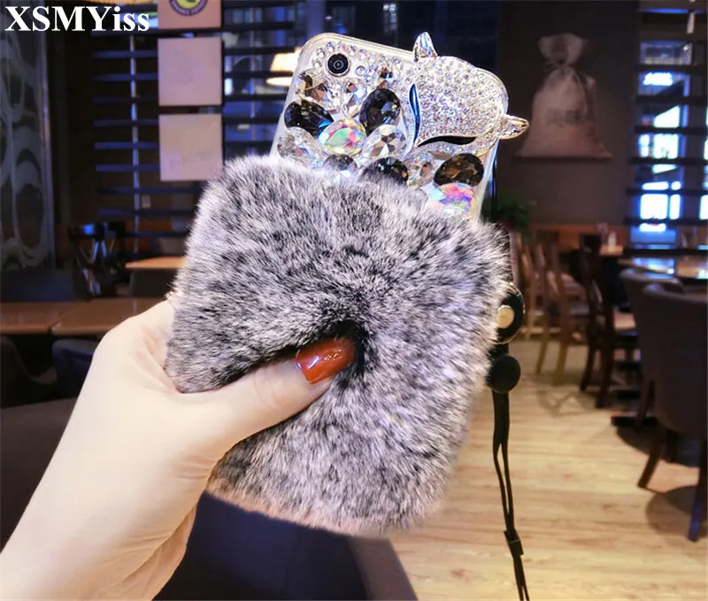 Luxury Bling Rhinestone Fox Diamond Real Rabbit Fur Soft Cover Case For Huawei P8 P9 P10 P20 P30 PLUS LiTE Mate10 20 Pro Lite | Мобильные