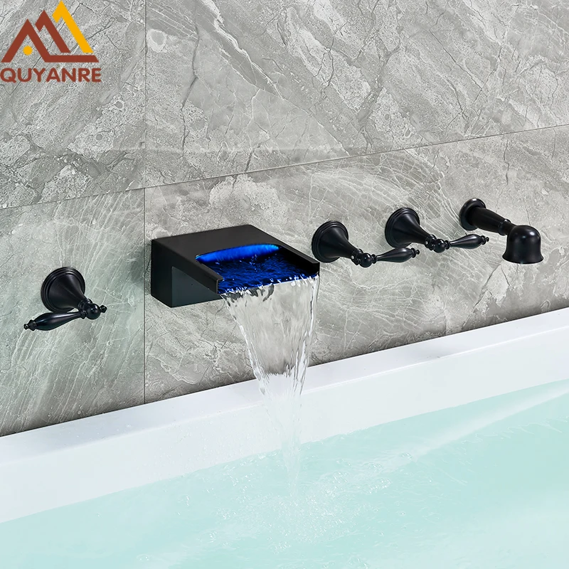 Quyanre Wall Mounted Blackend LED Waterfall Bathtub Faucet Widespread Tub Sink Faucet With Handshower Bathroom Shower Faucet Tap
Quyanre Wall Mounted Blackend LED Waterfall Bathtub Faucet Widespread Tub Sink Faucet With Handshower Bathroom Shower Faucet Tap