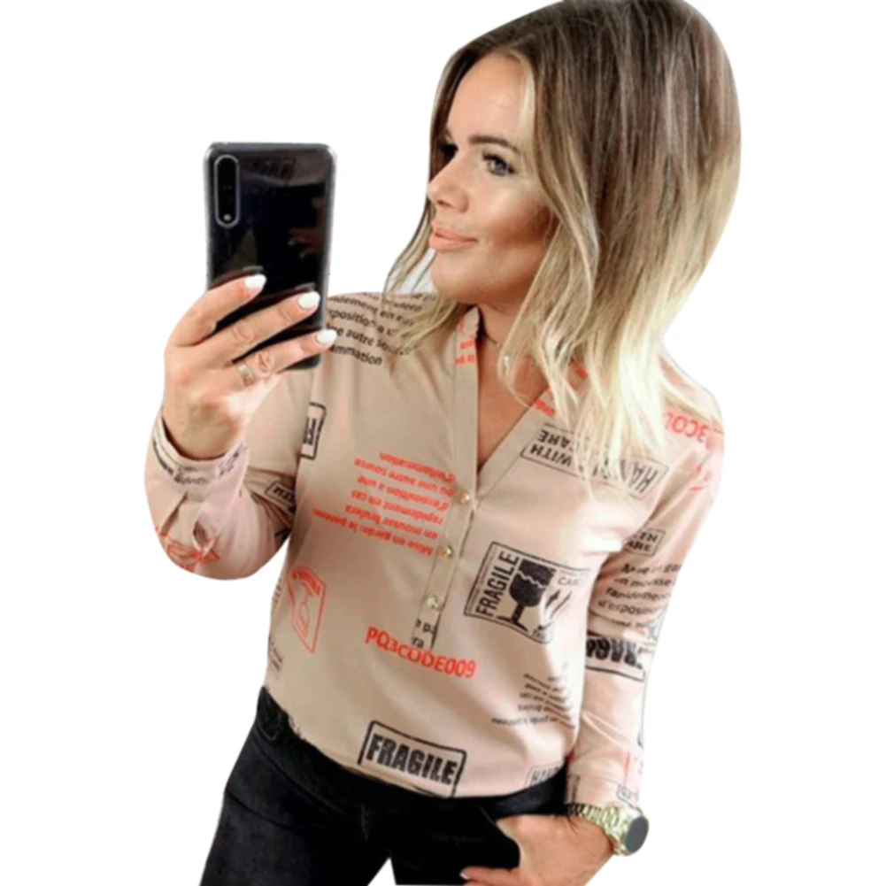 Pullover Letter Printed Women Shirt With Buttons Blouse Slim Fit Tops Long Sleeve Casual V Neck Spring Autumn Cotton
Pullover Letter Printed Women Shirt With Buttons Blouse Slim Fit Tops Long Sleeve Casual V Neck Spring Autumn Cotton