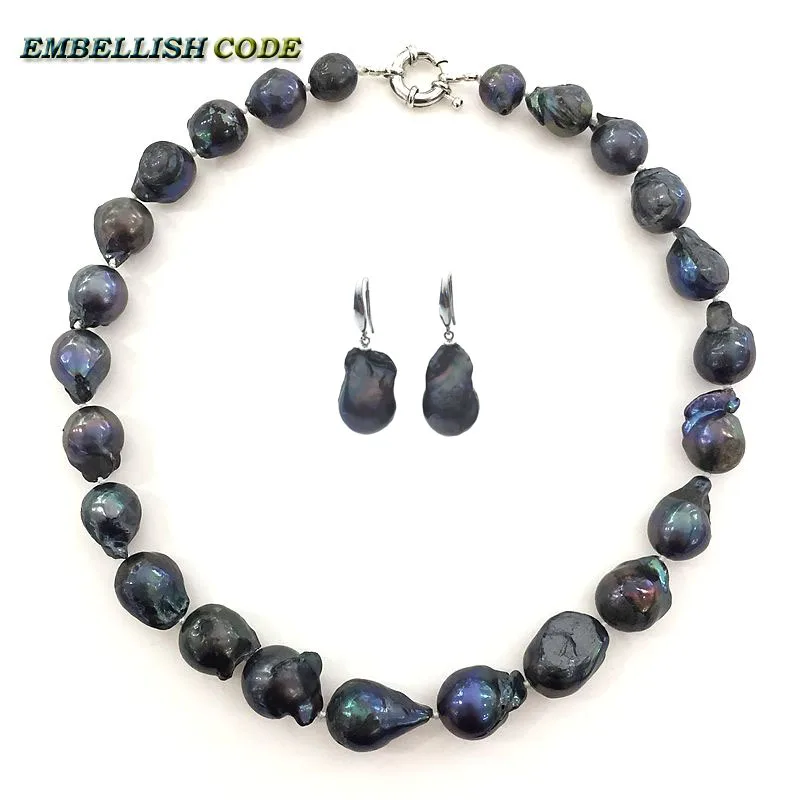 

fashion black color choker necklace hook dangle earrings set big baroque nucleated flame ball shape natural Freshwater pearl